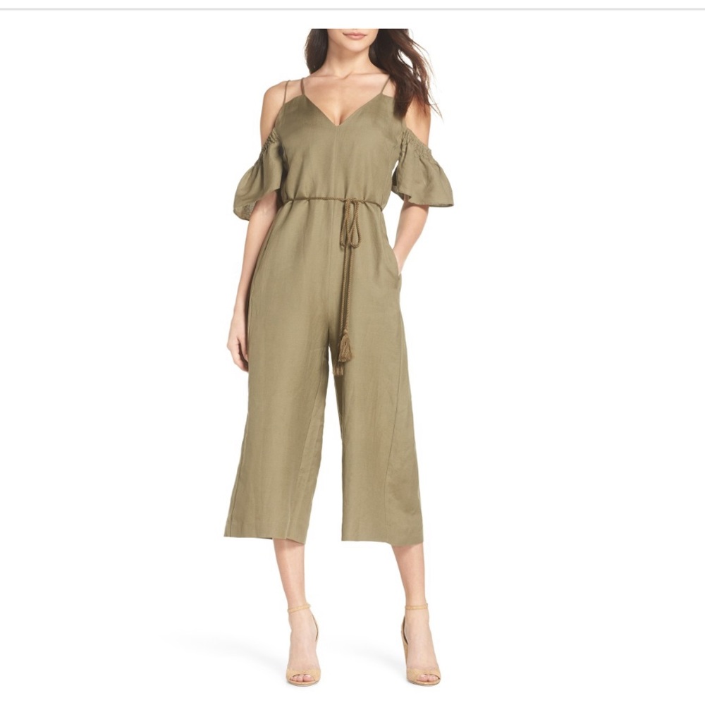 CAARA Cold Shoulder Cropped linen Jumpsuit No Belt